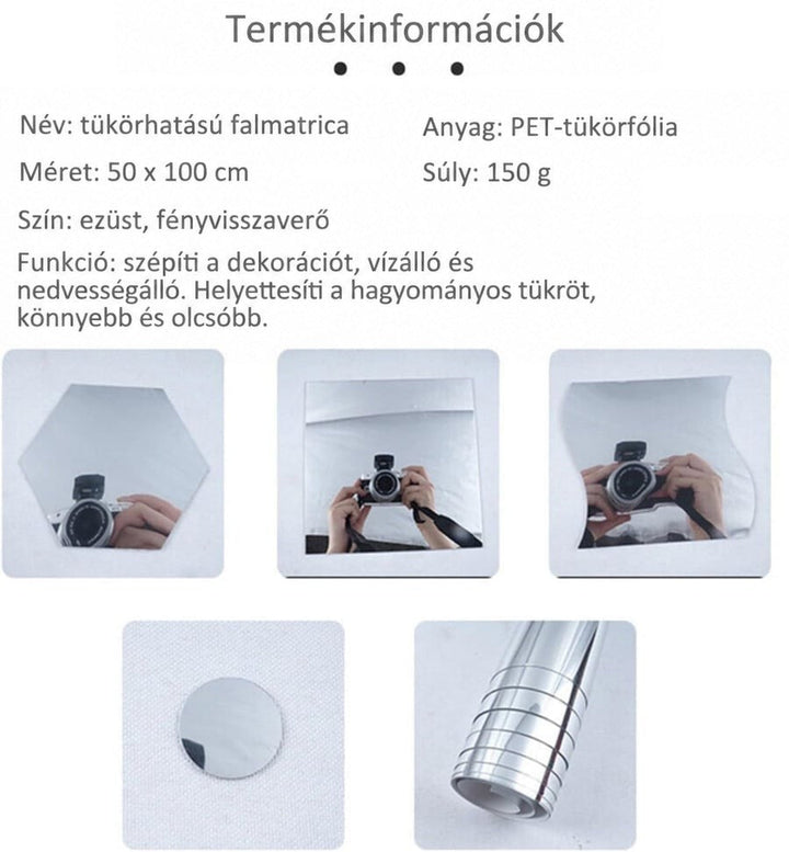 Termékinformációs kép: hatszögletű, négyzetes és hullámos tükörlapok fényképezőgép tükörképével, mellettük kerek tükörkorong és a feltekert fólia. 8