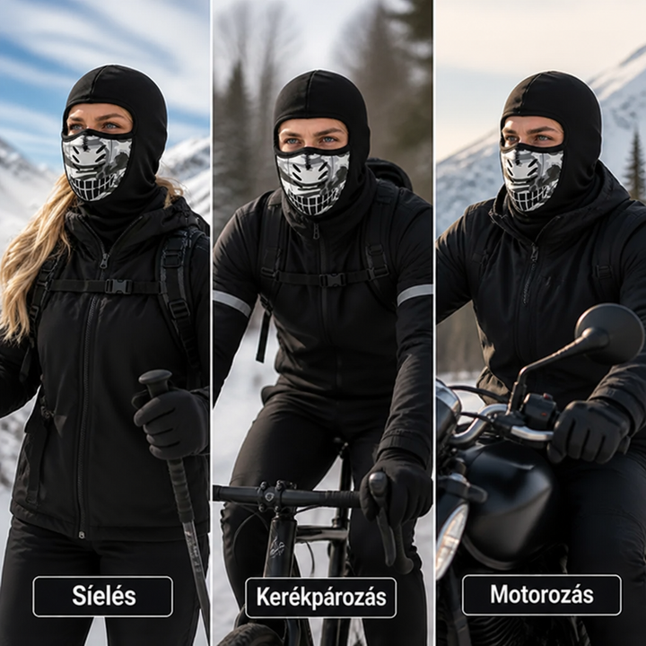 Három jelenet egymás mellett: a maszkot síelő nő, kerékpáros és motoros férfi viseli téli környezetben. 5