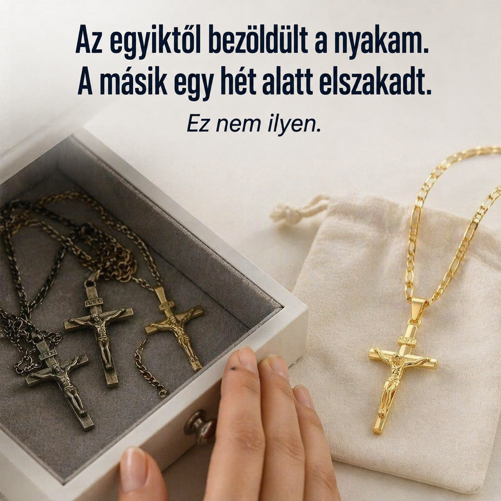 Arany feszület nyaklánc textilzacskón, mellette ékszerdobozban megfeketedett, kopottas keresztek 3