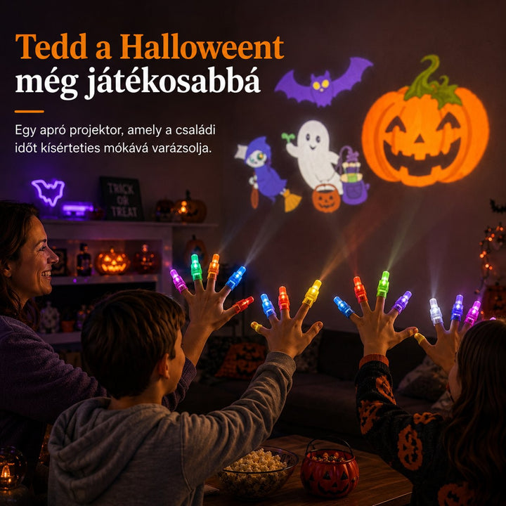 Család sötét szobában, színes ujjlámpákkal a kezükön denevért, szellemet és tököt vetítenek a falra 10