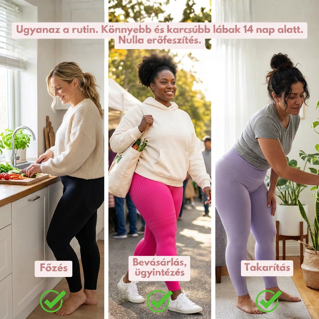 Három nő hétköznapi helyzetben: főzés közben fekete, bevásárlás közben rózsaszín, takarítás közben lila leggingsben. 15