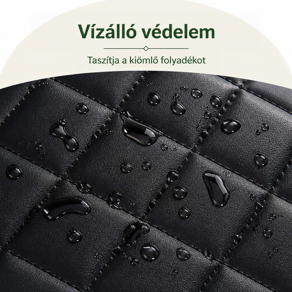Közeli kép a fekete steppelt felületről, amelyen vízcseppek gyöngyöznek, a víztaszító hatást mutatva. 3