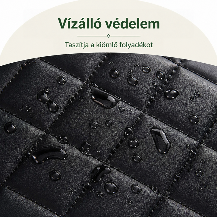 Közeli kép a fekete steppelt felületről, amelyen vízcseppek gyöngyöznek, a víztaszító hatást mutatva. 3