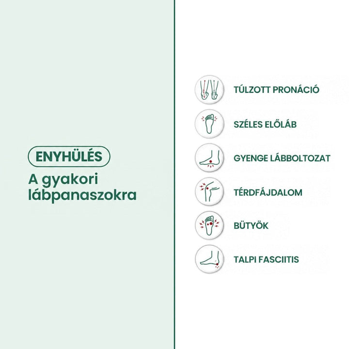 Infografika ikonokkal a gyakori lábpanaszokról, amelyeken a csizma segíthet, világoszöld háttéren 39