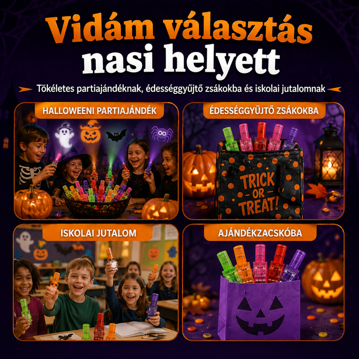 Négyképes ötletgyűjtemény: színes ujjlámpák bulin, cukorkás zacskóban, osztályteremben és ajándékzsákban, halloweeni 14