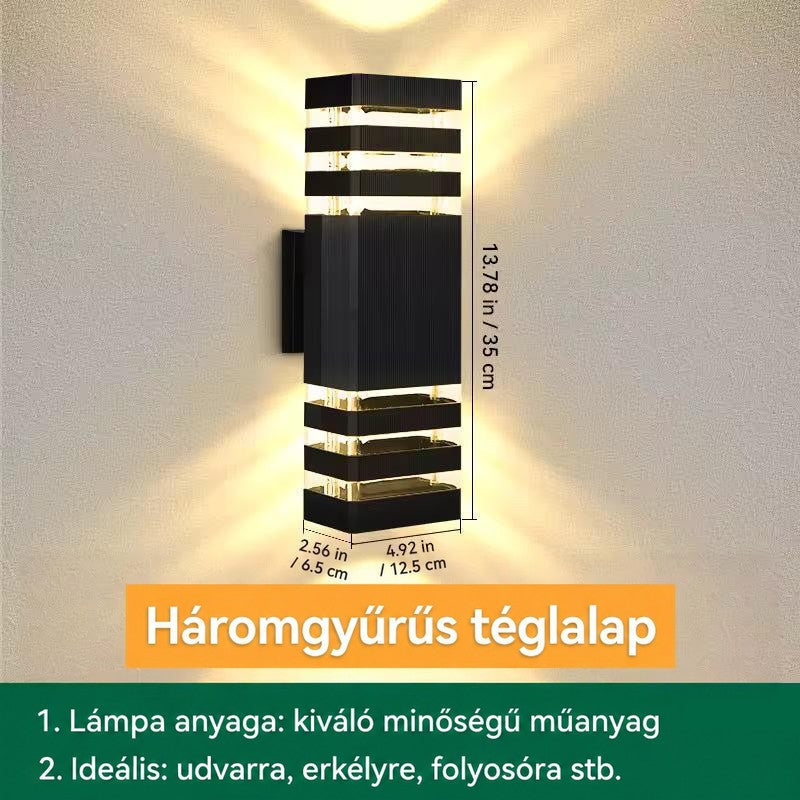 Háromgyűrűs négyszögletes lámpa méretekkel jelölve, szélessége, mélysége és magassága feltüntetve 18