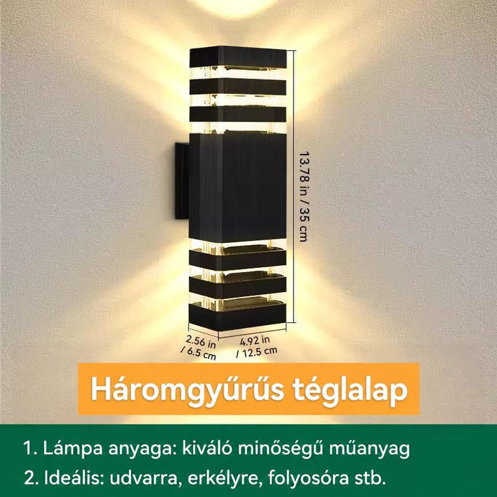 Háromgyűrűs négyszögletes lámpa méretekkel jelölve, szélessége, mélysége és magassága feltüntetve 18