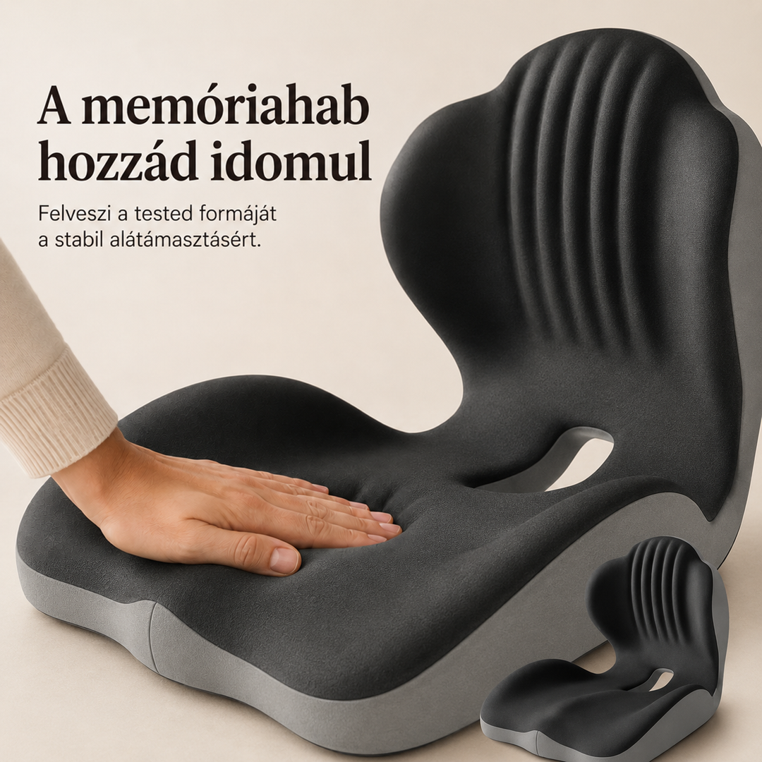 Kéz nyomja a sötétszürke memóriahabos ülőpárnát, előtte kisebb második nézet látszik 3