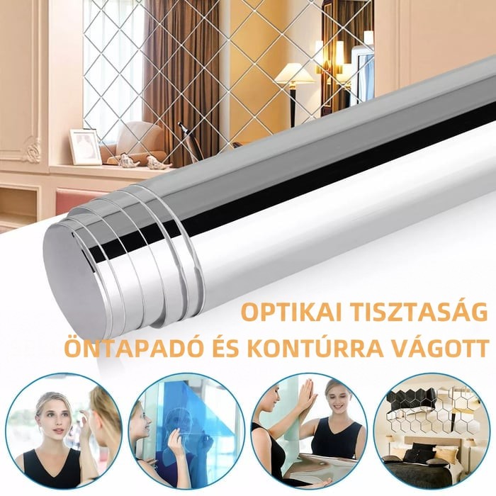 Feltekercselt tükörfólia tekercs egy szobabelsőre ráhelyezve, alatta négy kis körkép a használatáról: tükörnézés, felragasztás és falidekoráció. 1