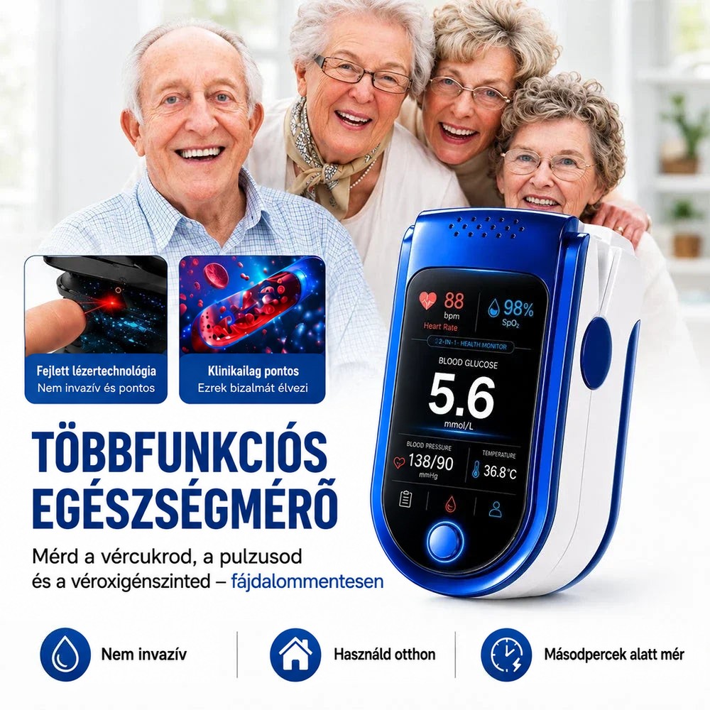 Mosolygó idős emberek csoportja a kék-fehér mérőeszköz mellett, két kis betétképen a lézeres mérés és a vérsejtek ábrázolása látszik. 2