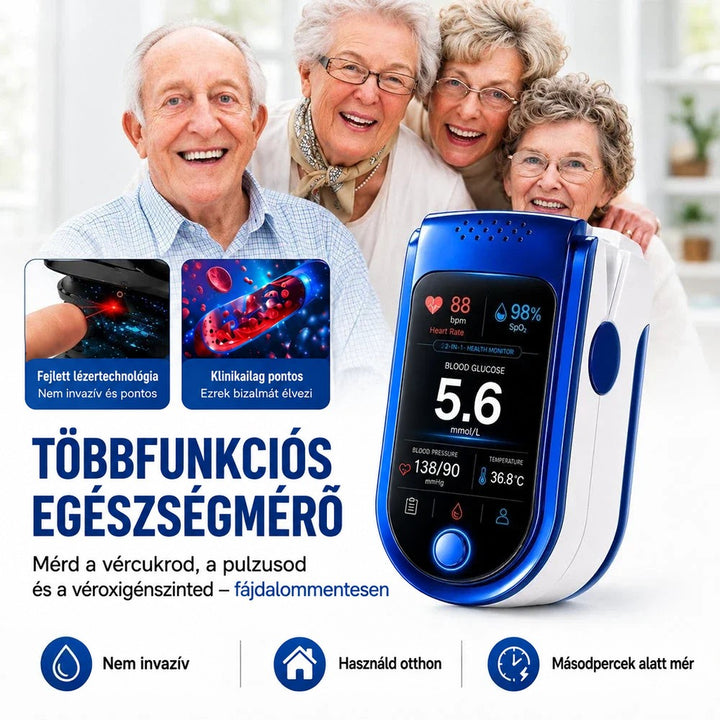 Mosolygó idős emberek csoportja a kék-fehér mérőeszköz mellett, két kis betétképen a lézeres mérés és a vérsejtek ábrázolása látszik. 2