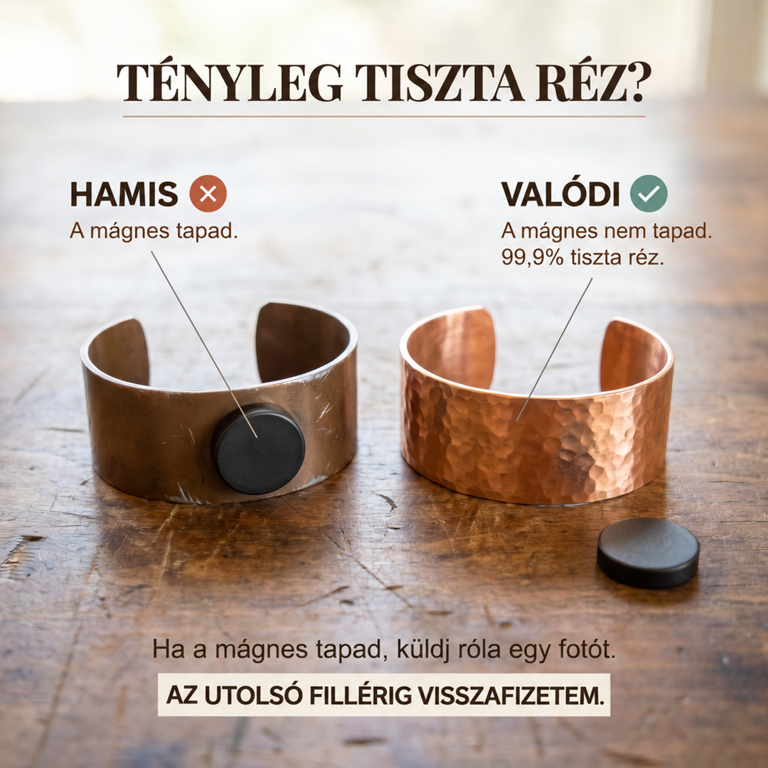Két széles rézkarkötő összehasonlítása: az egyiken mágnes tapad, a másik kalapált felületű, hozzá angol nyelvű tájékoztató szöveggel. 3