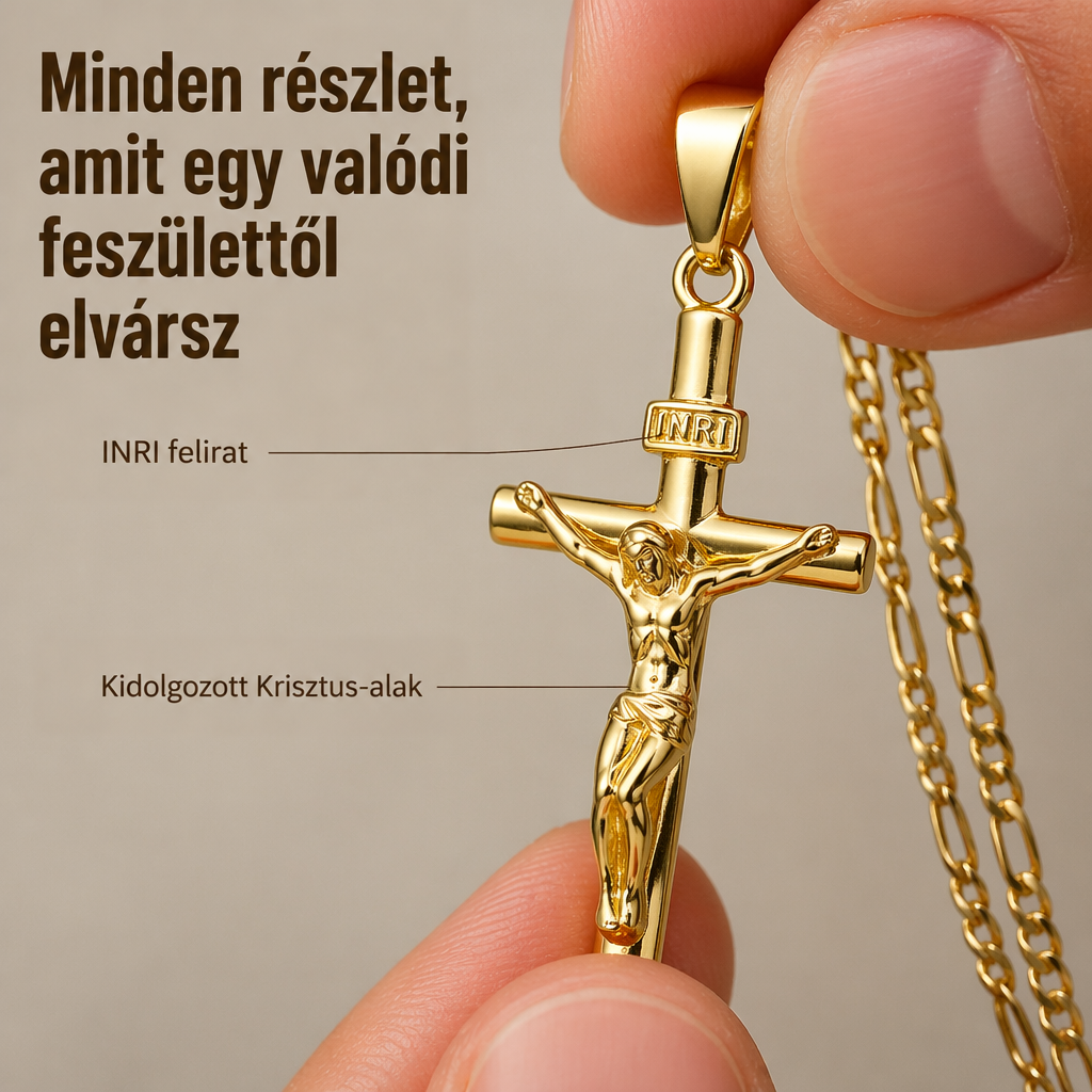 Ujjak között tartott arany feszület közelről, jól látszik a megformázott Krisztus-alak és a felirattábla 2