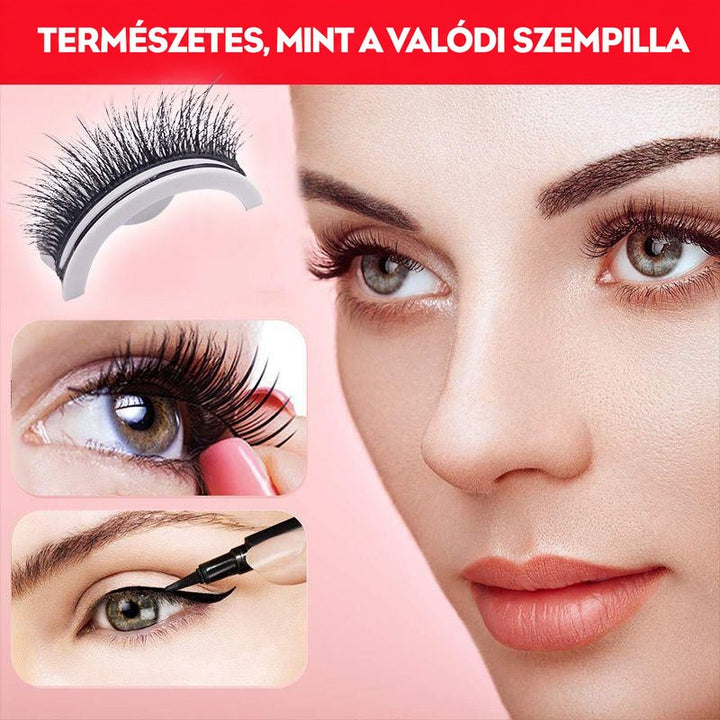 Természetes hatású öntapadós műszempilla tartón, modell arca, a pilla felhelyezése és szemhéjtus húzása. 9