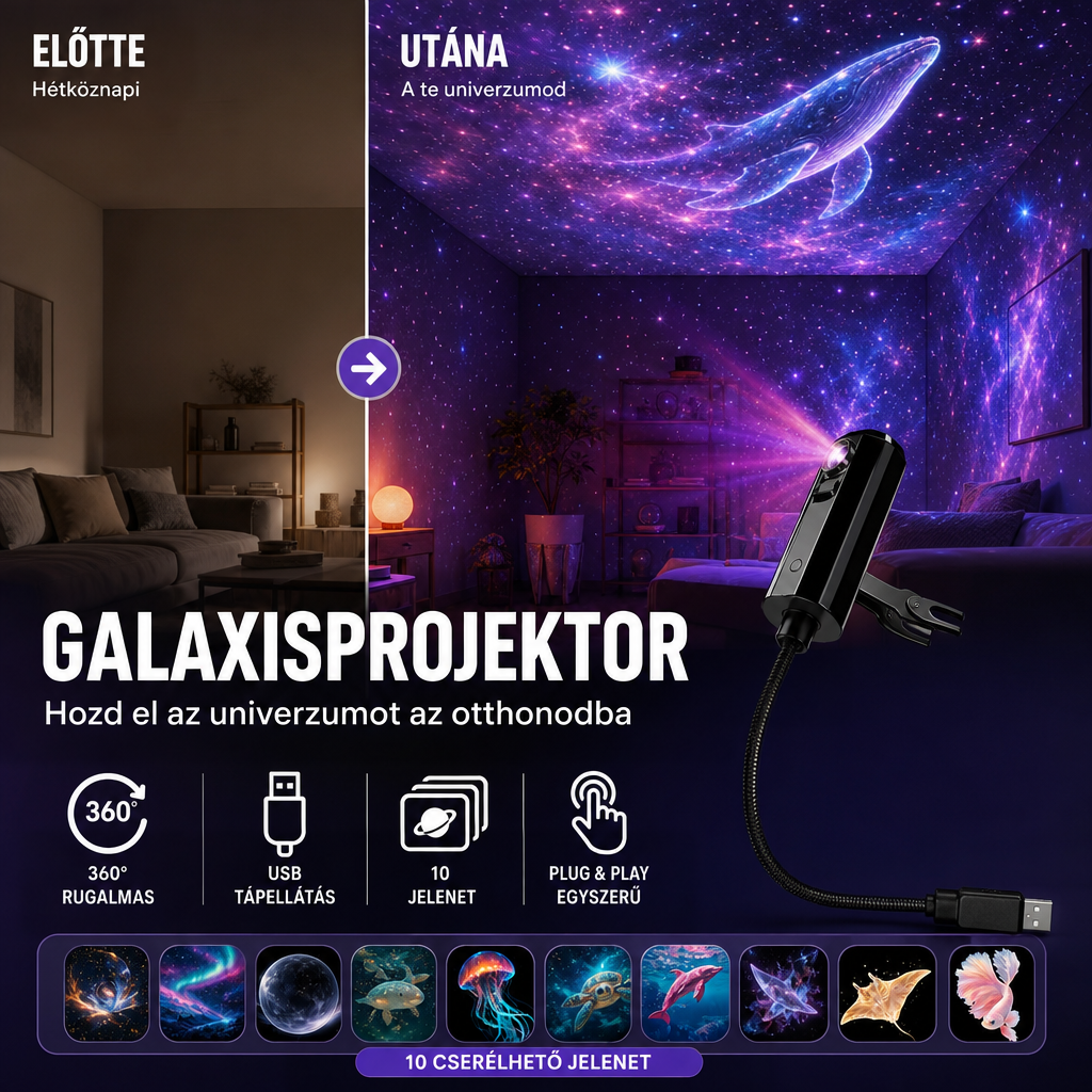 Előtte-utána összehasonlítás: a nappali galaxis- és bálnamintás vetítéstől lilán ragyog, alul a tíz cserélhető dia sora 4