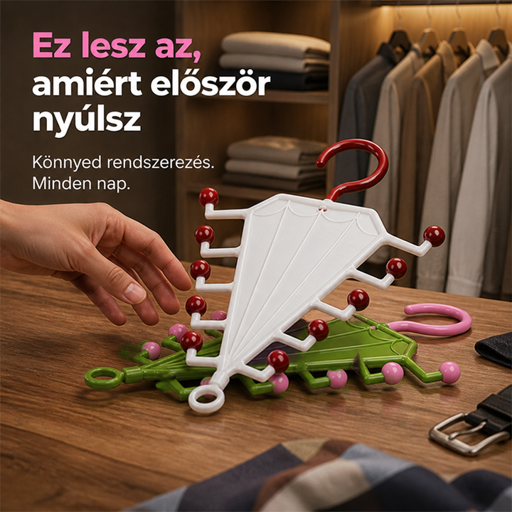 Fehér és zöld akasztó fa asztalon fekve, kéz nyúl értük, háttérben polcok és akasztott ingek 6