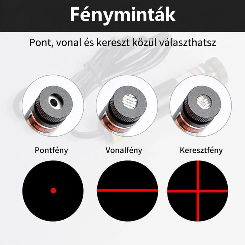 A lézerfej három cserélhető végződése közelről, alattuk a pont, az egyenes vonal és a kereszt fényképe 7
