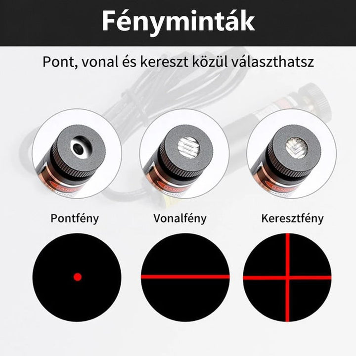 A lézerfej három cserélhető végződése közelről, alattuk a pont, az egyenes vonal és a kereszt fényképe 7