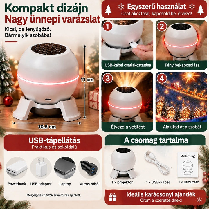 Tájékoztató kép a kompakt projektor méreteiről, a bekapcsolás lépéseiről, az USB-s áramforrásokról és a csomag tartalmáról 5