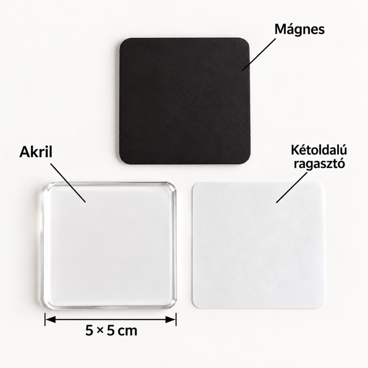 Négyzet alakú akril, fekete mágneslap és kétoldalas ragasztó egymás mellett, fehér háttéren, méretjelöléssel 8