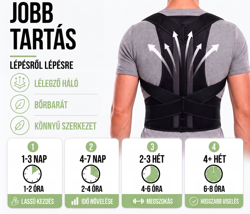 Fekete merevítő férfi hátán, nyilak jelzik a légáteresztő hálót, alatta négy lépéses fokozatos viselési idő táblázat. 4