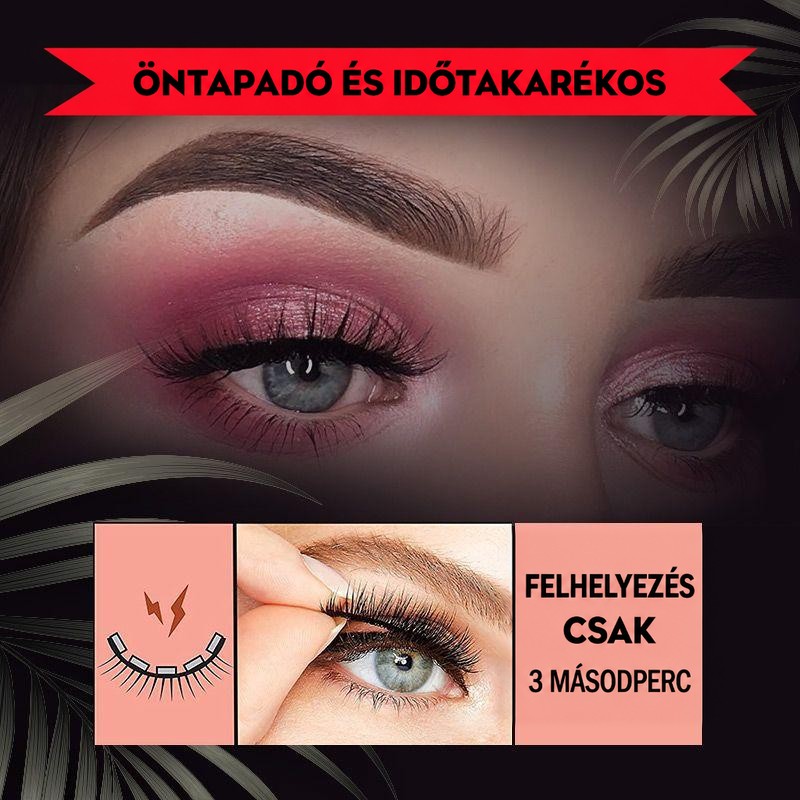 Sötét hátterű kép rózsaszín szemfestéses szemről, alatta a pilla felhelyezése néhány másodperc alatt, ragasztó nélkül. 8