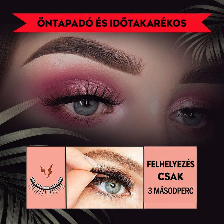 Sötét hátterű kép rózsaszín szemfestéses szemről, alatta a pilla felhelyezése néhány másodperc alatt, ragasztó nélkül. 8
