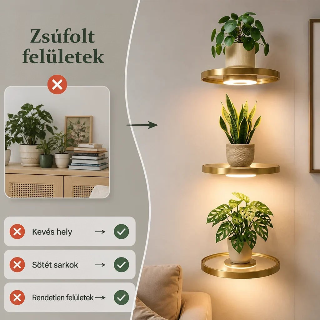 Összehasonlító kép: zsúfolt komód cserepes növényekkel balra, jobbra három világító arany fali polc, amely helyet szabadít fel. 2
