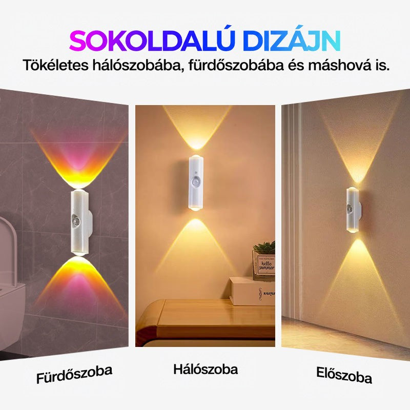 Három kép a lámpáról fürdőszobában, hálószobában és folyosón, színes és meleg fénnyel 14