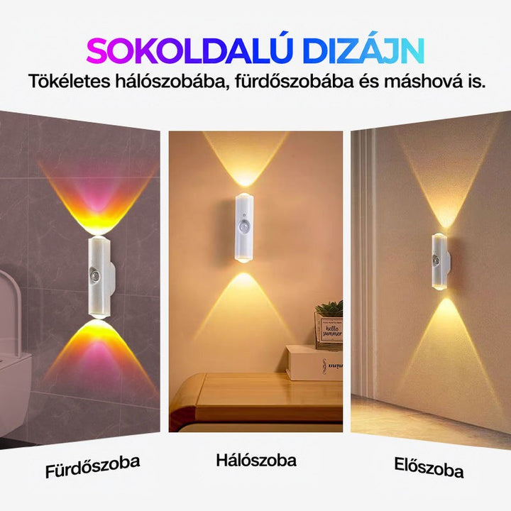 Három kép a lámpáról fürdőszobában, hálószobában és folyosón, színes és meleg fénnyel 14