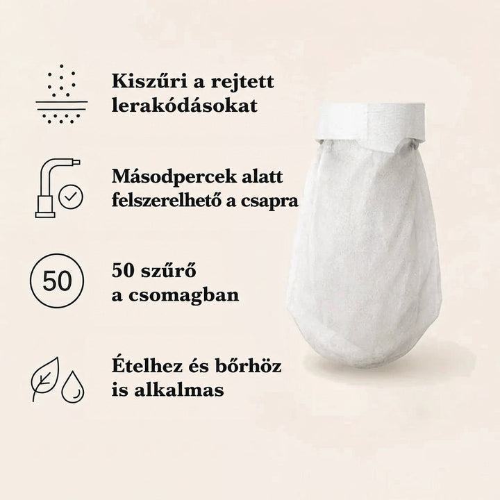 Egy felhelyezésre kész, felül pánttal ellátott fehér szűrőzsák árnyékkal, mellette ikonos felsorolás a termék tulajdonságairól. 5