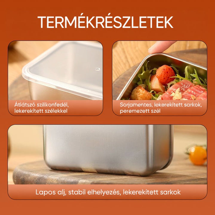 Részletképek: áttetsző fedél lekerekített élekkel, sorjamentes hengerelt perem és sík, stabil aljú doboz fa deszkán. 7