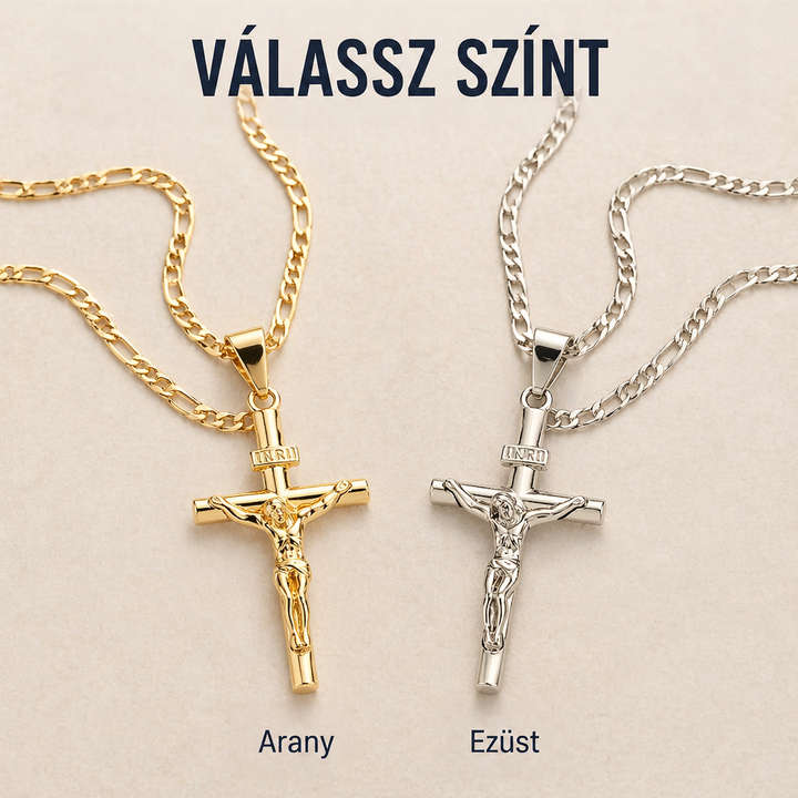 Két feszület nyaklánc egymás mellett: bal oldalon arany, jobb oldalon ezüst színű kivitel 8