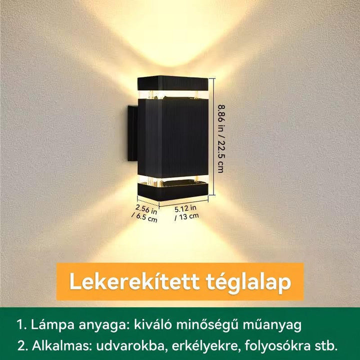 Gyűrű nélküli lekerekített négyszögletes lámpa méretekkel jelölve, szélessége, mélysége és magassága feltüntetve 16