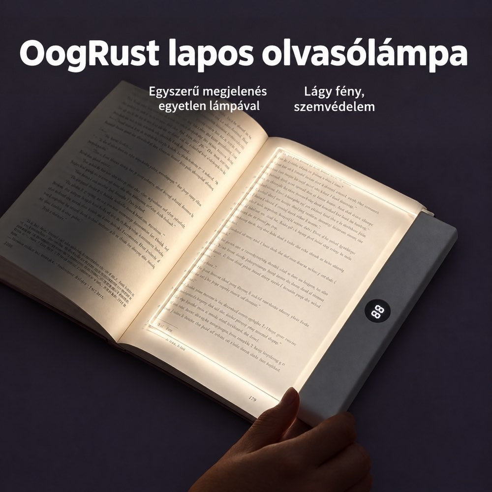 Kézzel tartott lapos lámpa világítja meg a nyitott könyv jobb oldali oldalát, digitális kijelzővel 1