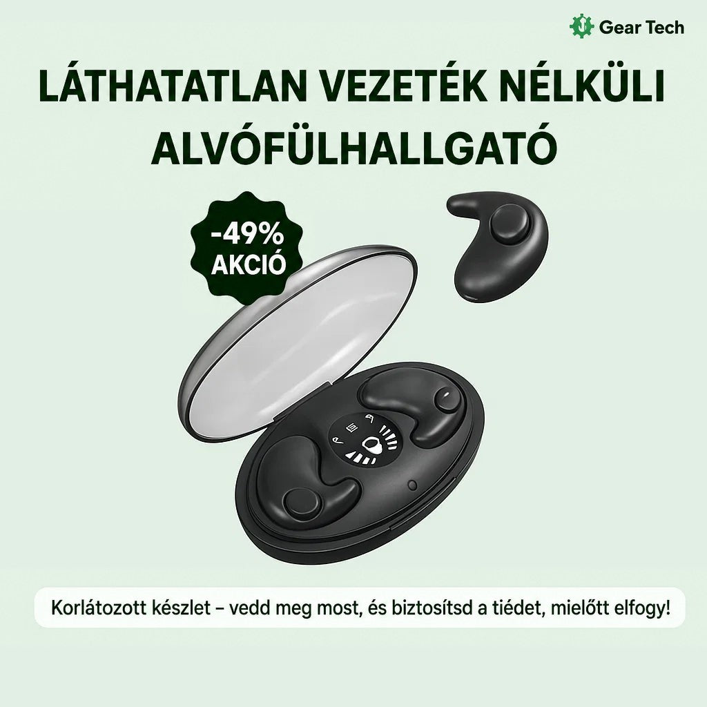 Nyitott fekete töltőtok két fülhallgatóval, mellette egy különálló fülhallgató és akciós jelvény 8