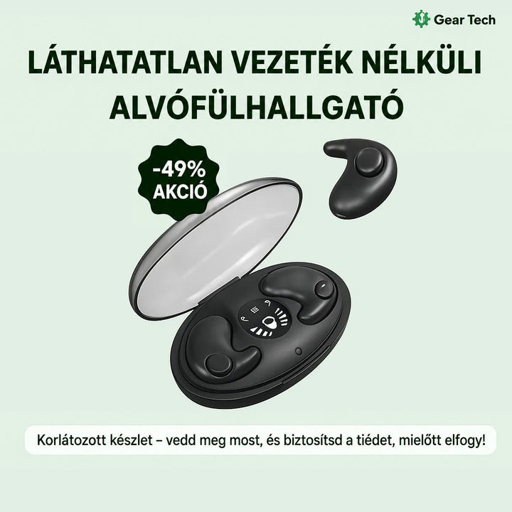 Nyitott fekete töltőtok két fülhallgatóval, mellette egy különálló fülhallgató és akciós jelvény 8