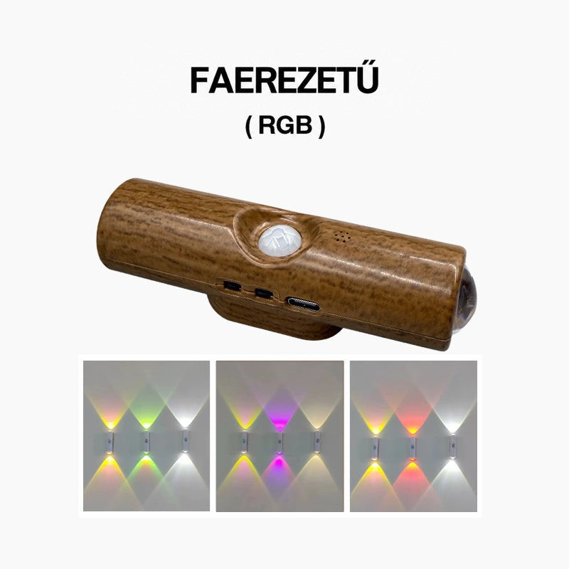 Fa erezetű hengeres lámpa közelről, alatta a falon megjelenő színes RGB fények három változata 6