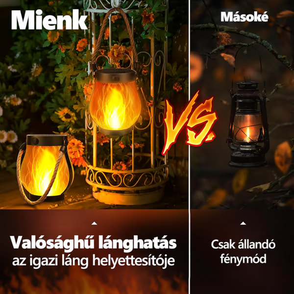 Összehasonlító kép: a lángeffektes lámpás mellette egy hagyományos olajlámpás állandó fénnyel 6