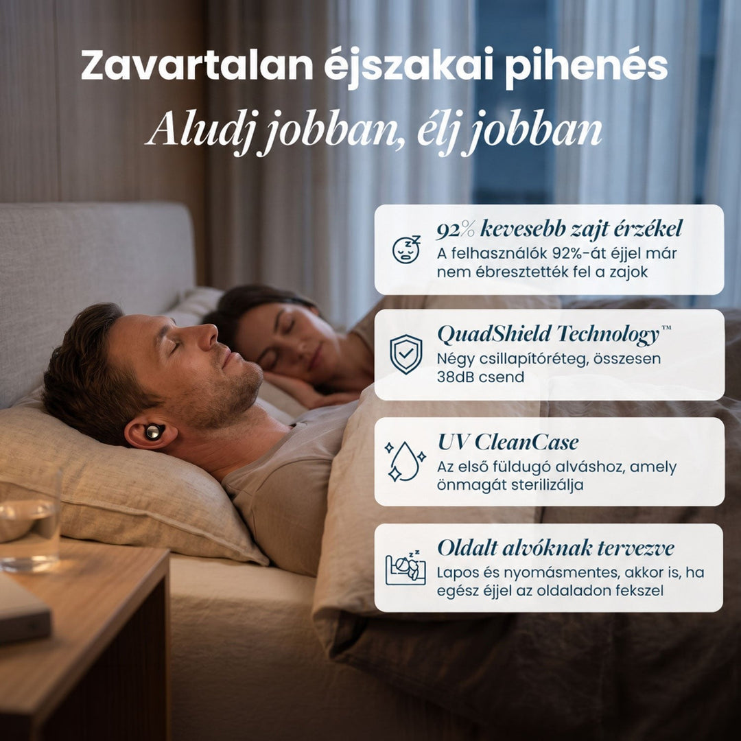 Ágyban fekvő férfi füldugóval a fülében, mellette alvó nő; mellette négy kiemelt előnyt felsoroló szövegdobozok. 2