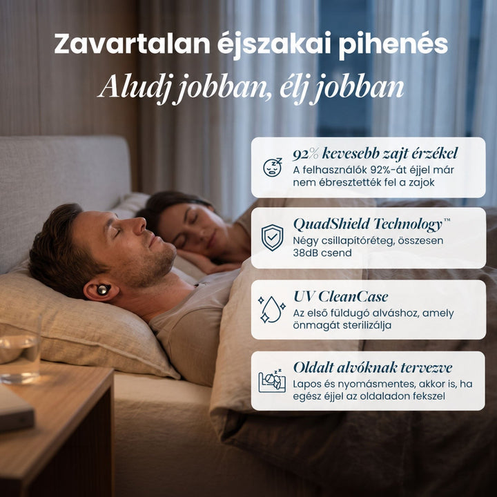 Ágyban fekvő férfi füldugóval a fülében, mellette alvó nő; mellette négy kiemelt előnyt felsoroló szövegdobozok. 2