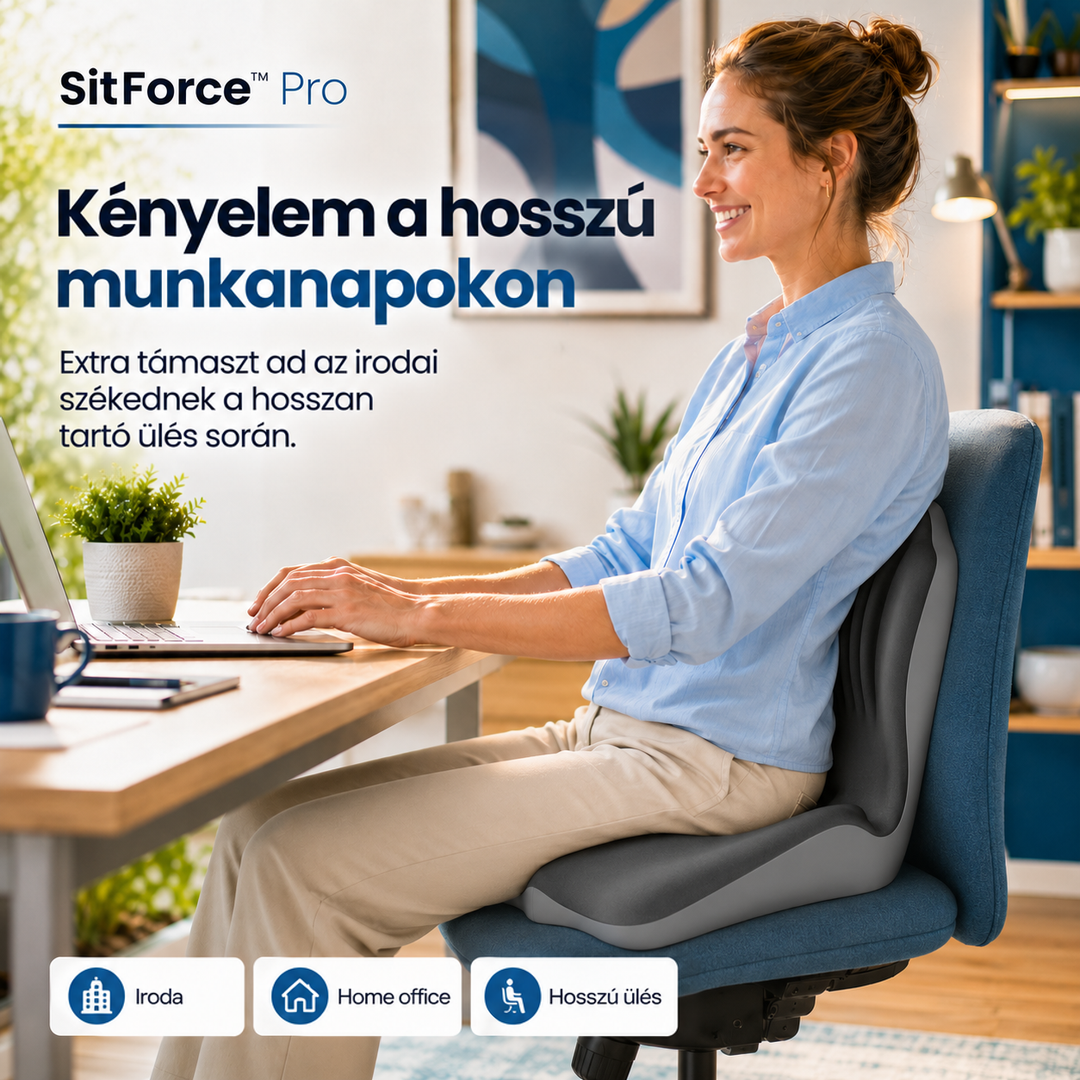 Mosolygó nő laptopnál dolgozik kék irodai széken, az ülőpárna a derekát támasztja 8