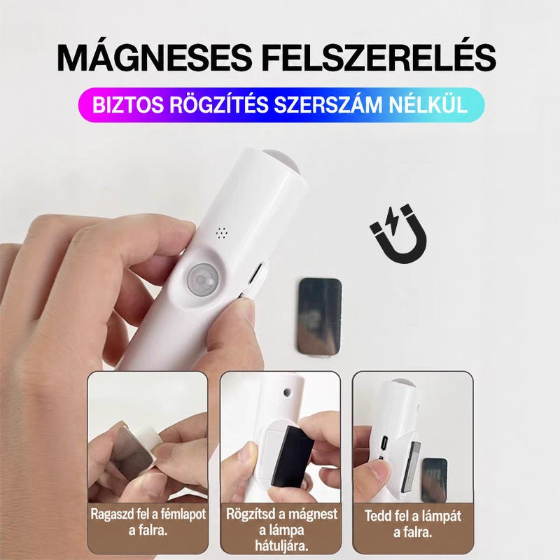 Kéz felhelyezi a lámpát a falra, három lépéses mágneses rögzítés kisebb képeken 11