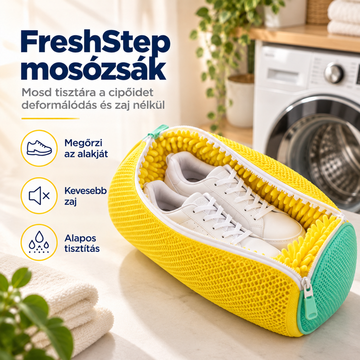 Sárga hálós mosózsák fehér sportcipővel a belsejében, háttérben mosógép és törölközők 1