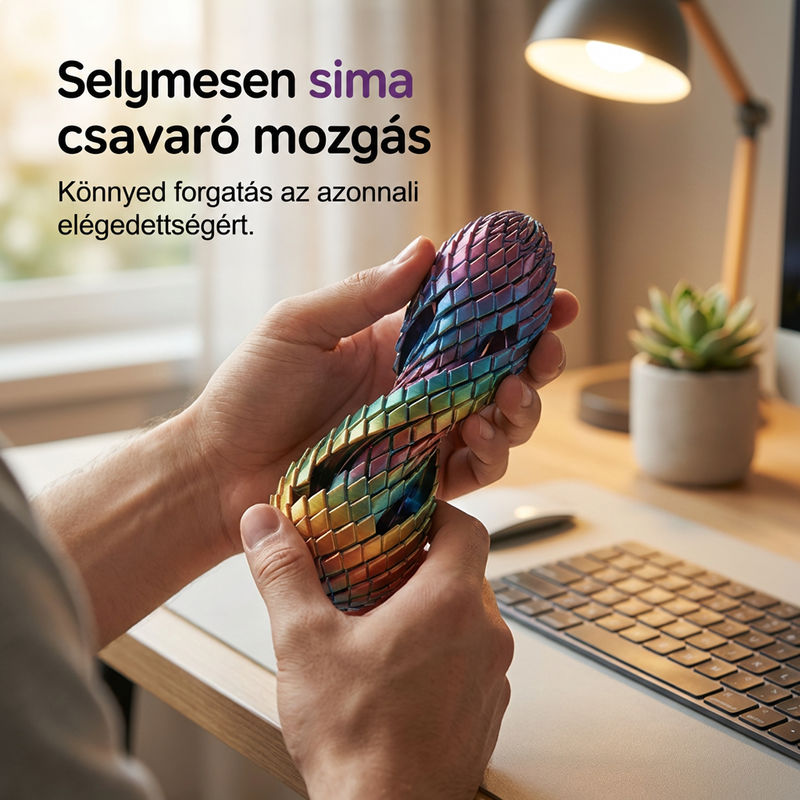 Két kéz egy színjátszó, pikkelyes sárkánytojást csavar nyolcas alakúra az íróasztalnál, háttérben lámpa, növény és billentyűzet. 4