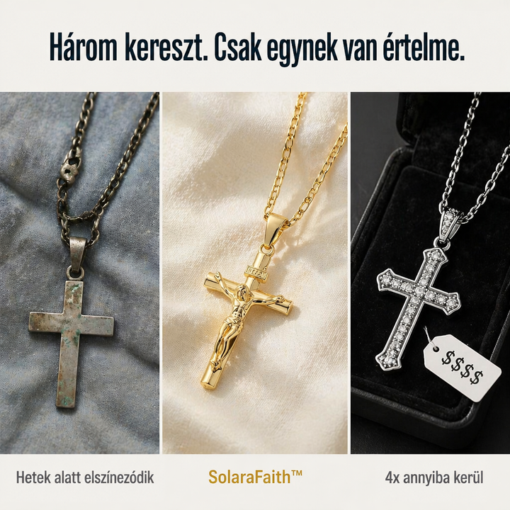 Háromrészes összehasonlítás: elszíneződött régi kereszt, arany feszület és köves ezüst kereszt ékszerdobozban 5