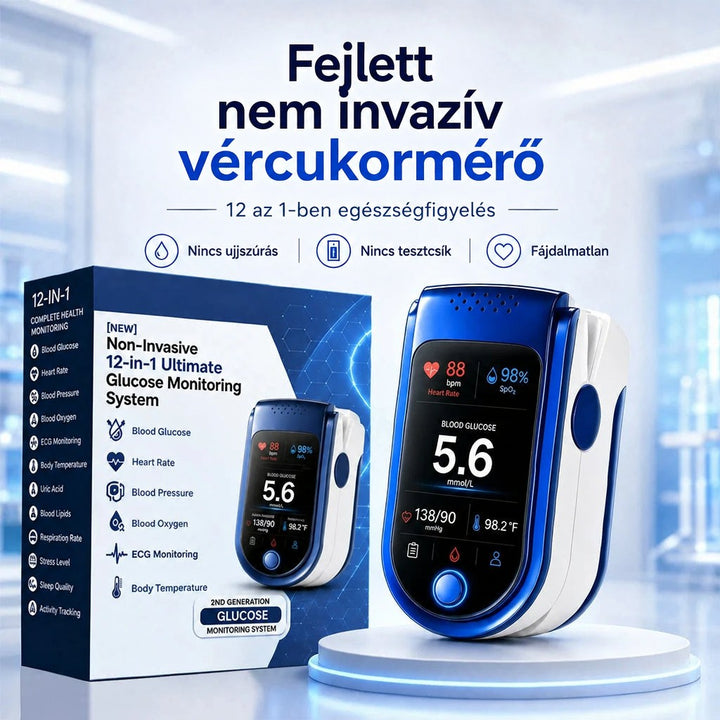 A termék dobozával együtt, a doboz oldalán funkciólistával, a kék-fehér mérő világos talapzaton áll. 10