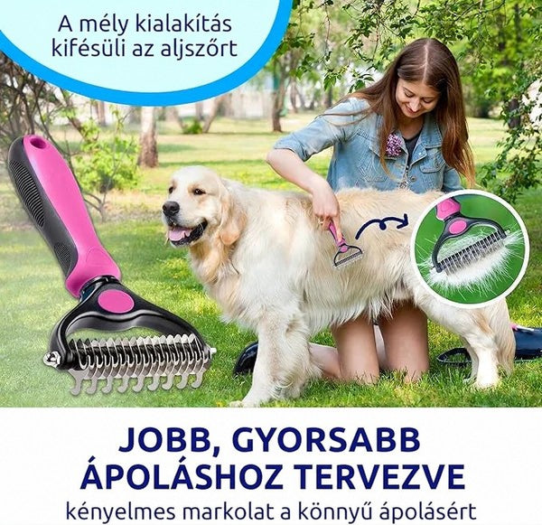 Nő a szabadban fésül egy nagy, világos szőrű kutyát rózsaszín gereblyével, mellette a szerszám közeli képe. 8