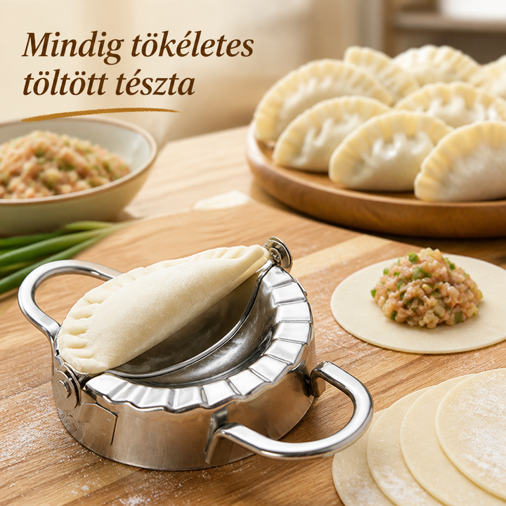 Fém derelyeszaggató fa vágódeszkán, benne félkör alakú, hullámos szélű derelye, mellette húsos töltelék, tésztalapok és kész derelyék tálon. 1