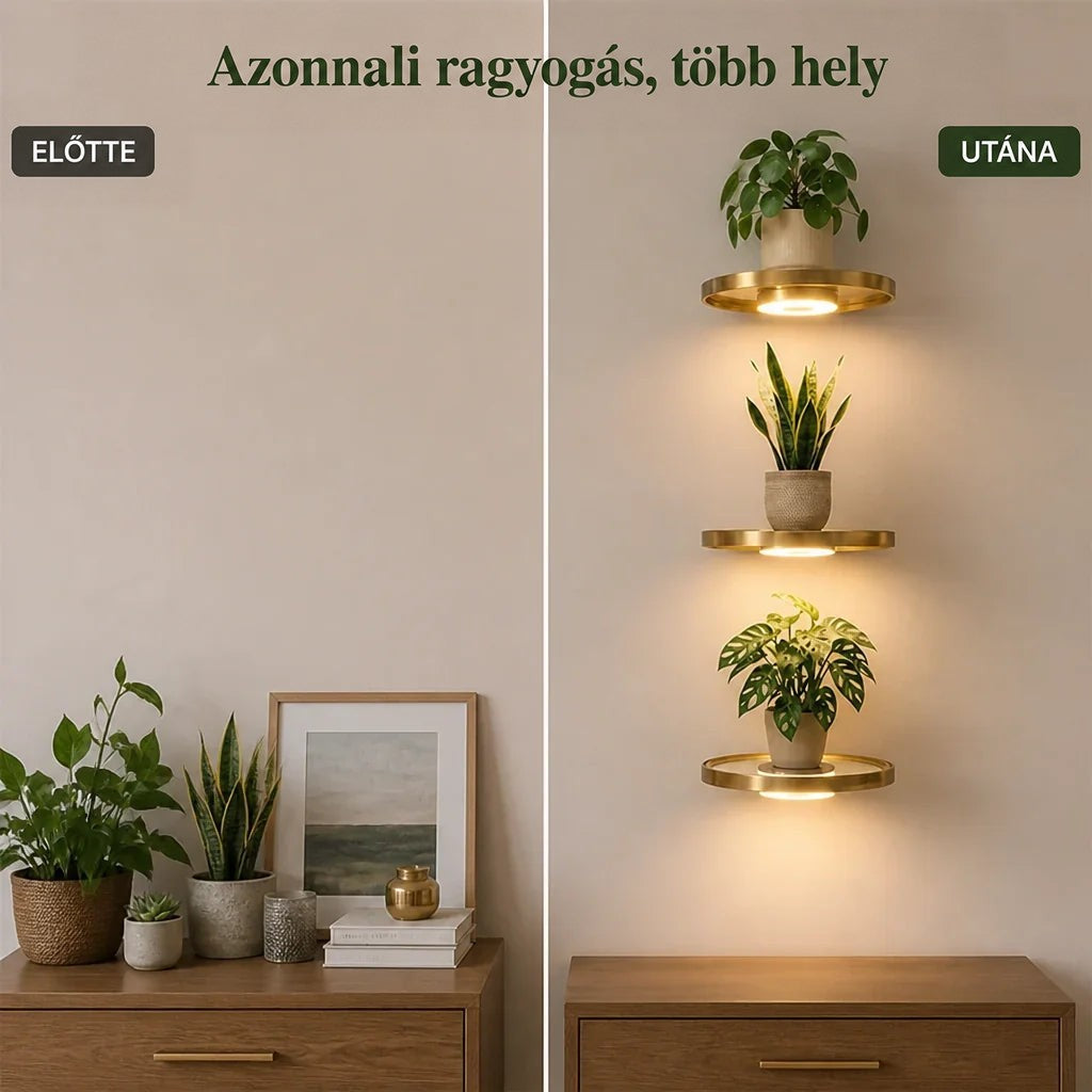 Előtte-utána kép: balra komód dísztárgyakkal és növényekkel, jobbra a falon három megvilágított arany polc, szabad komódfelülettel. 4